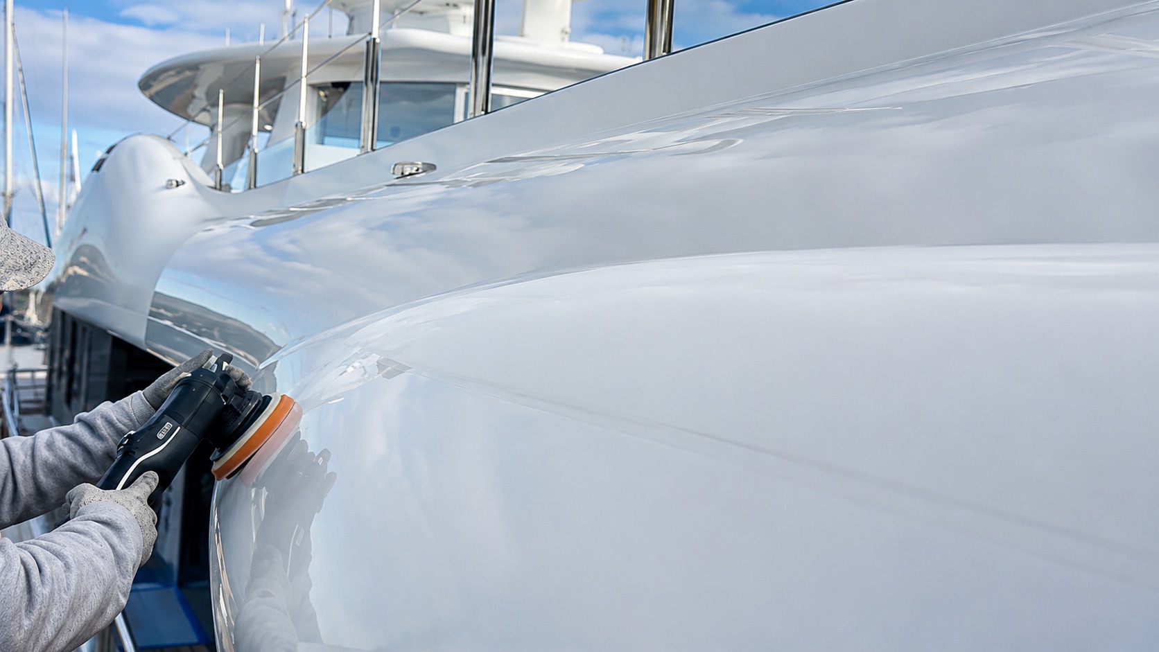 Specialist machine-polishing a superyacht hull.