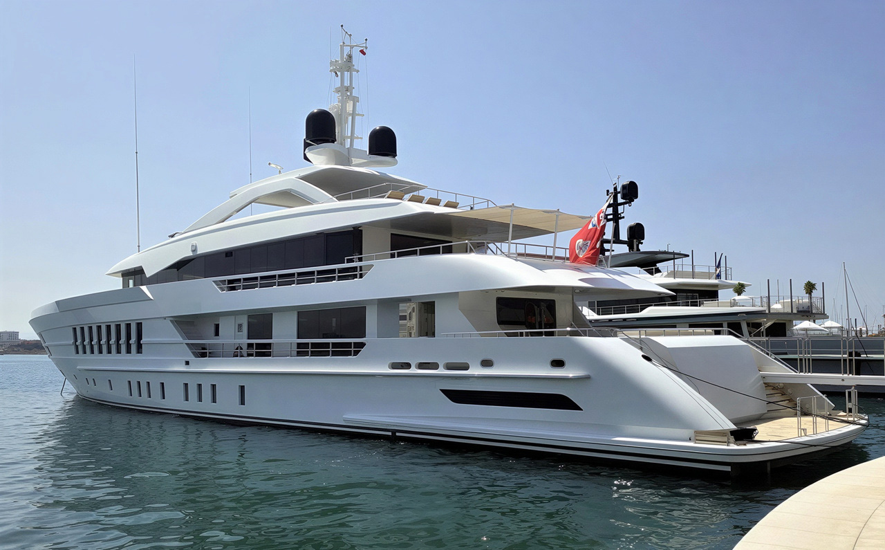 The 55m Heesen alongside in the marina, showing off her glossy topsides.