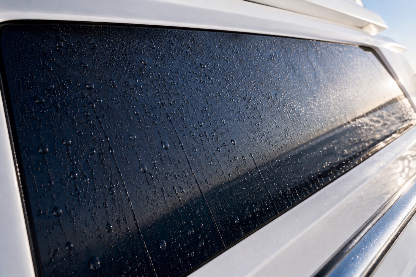 Water beading on the protected exterior glass of the 100m+ Oceanco.